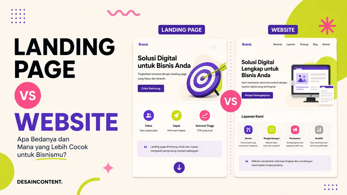 Ilustrasi perbandingan landing page dan website bisnis